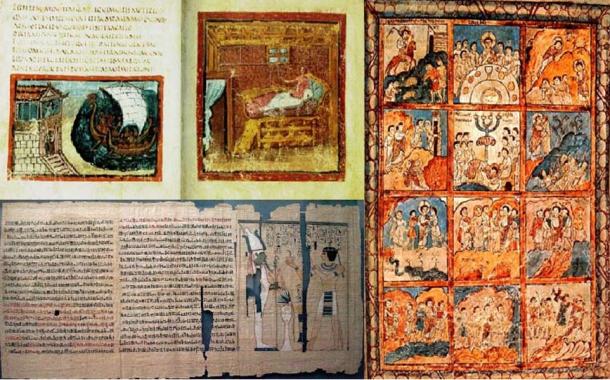 Top left) A page form the Vatican’s ‘Virgil’ (Public Domain).  (Right) Folio 125r containing 12 scenes from the Passion of Christ. (Public Domain). (Bottom left) Part of the Book of the Dead of Pinedjem II. (Public Domain)