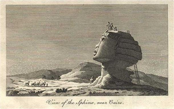 Vivant Denon’s sketch of the sphinx in 1798 depicts a man being pulled out of a hole in the sphinx’s head (public domain)