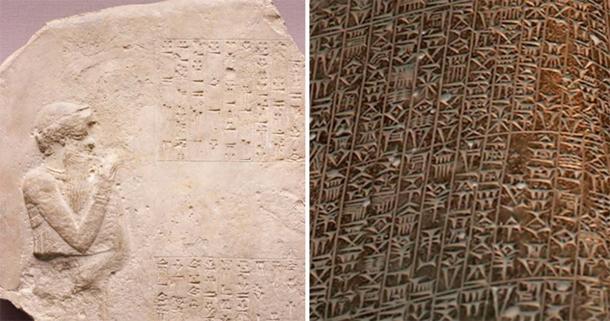 Left; Votive monument with Hammurabi raising his arm in worship and Right; detail of Hammurabi’s Code of Laws.  (Left; © Marie-Lan Nguyen /Wikimedia Commons Right; Gabriele Barni/CC BY 2.0)