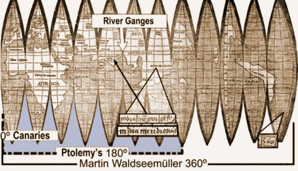 The landmark Waldseemüller map of 1507 represents Earth as a sphere for the first time. It fits Ptolemy's known half of the world like a glove sliding onto a hand – with the mouth of the Ganges (black arrow) still exactly nine time zones east of the Canaries and far west of Ptolemy's eastern limit (white arrow). (Map from James Ford Bell Library,