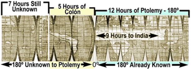Simple arithmetic confirms that Colón understood what he was doing. The top secret science of his day assured that he'd make landfall a mere five time zones west of Portugal. This left seven additional time zones to the line of Sinae, Ptolemy’s easternmost border of the known world, and still another three time zones to the mouth of the Ganges