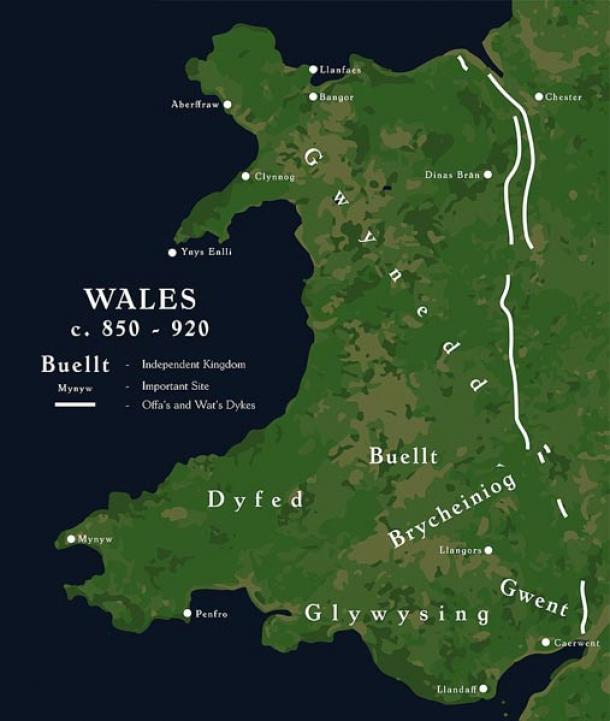 Wales between 850 and 920 AD. (Lemonaurhywio/ CC BY-SA 4.0)