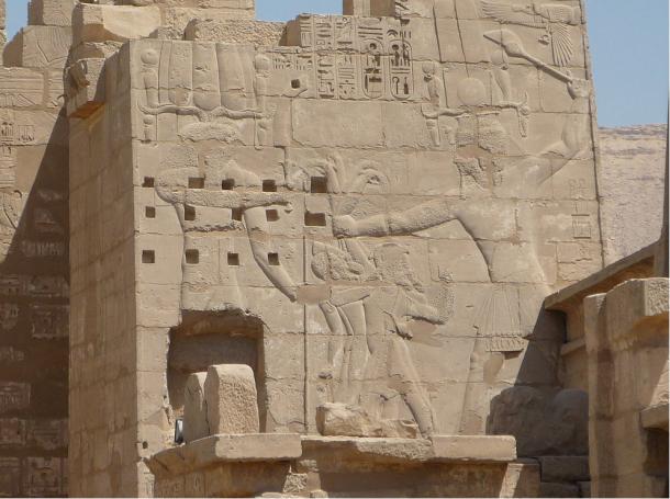 Wall Relief of Ramses III fighting the People of the Sea, on Migdol at Medinet Habu, Theban Necropolis, Egypt