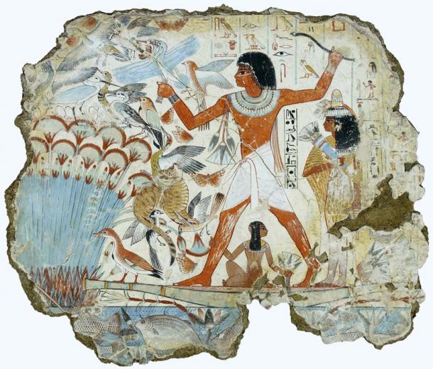 Wall painting from the tomb of Nebamun - a middle-ranking official, “scribe and grain accountant” during the New Kingdom - at Thebes shows him with his family fowling in the marshes. Note the artistic convention of other participants in a scene being smaller than the prime focus figure. His name was translated as “My Lord is Amun”. British Museum. (Public Domain)