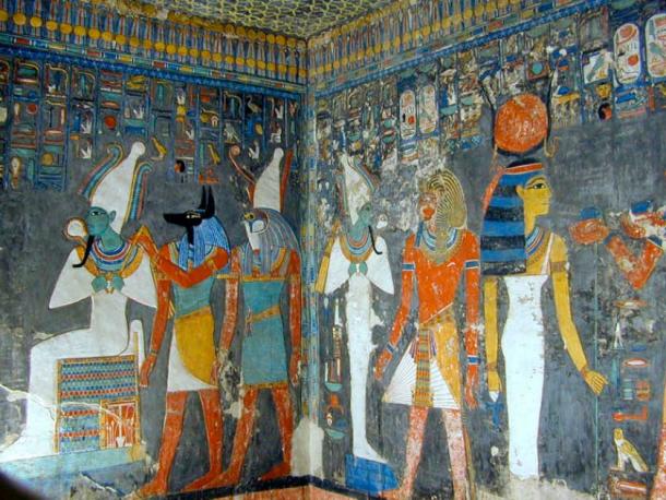 Wall friezes from the Tomb of Horemheb, final pharaoh of the Eighteenth Dynasty. King Horemheb with the Gods. On the left, Osiris, seated, Anubis at the head of a jackal and Horus, son of Isis at the head of a falcon. (Jean-Pierre Dalbera / CC BY 2.0)