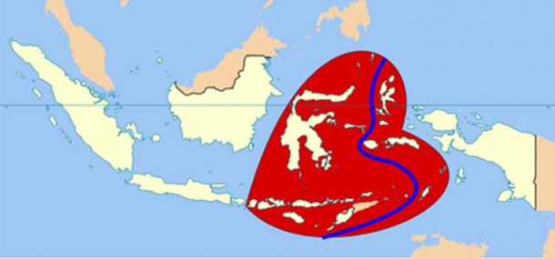 Wallacea, the group of islands, within the red area, is a biogeographical designation for a group of mainly Indonesian islands separated by deep-water straits from the Asian and Australian continental shelves. The Weber Line is in blue. (JWB / CC BY-SA 4.0)