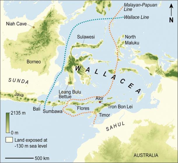 Mapa de Wallacea que muestra la ubicación de Sulawesi y Leang Bulu Bettue, donde se encontraron los restos humanos fosilizados. (Brumm et al., 2021, PLoS ONE/CC-BY 4.0)