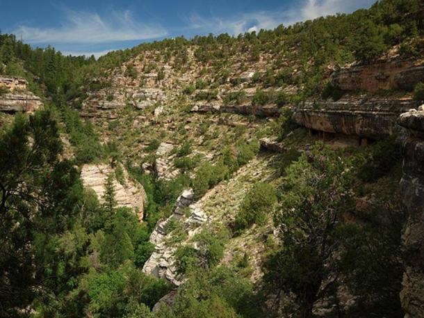 The view up Walnut Creek from the Island Trail at Walnut Canyon National Monument. Ancient cliff dwellings of the Sinagua people can be seen under the rock overhangs on both sides of the canyon. 
