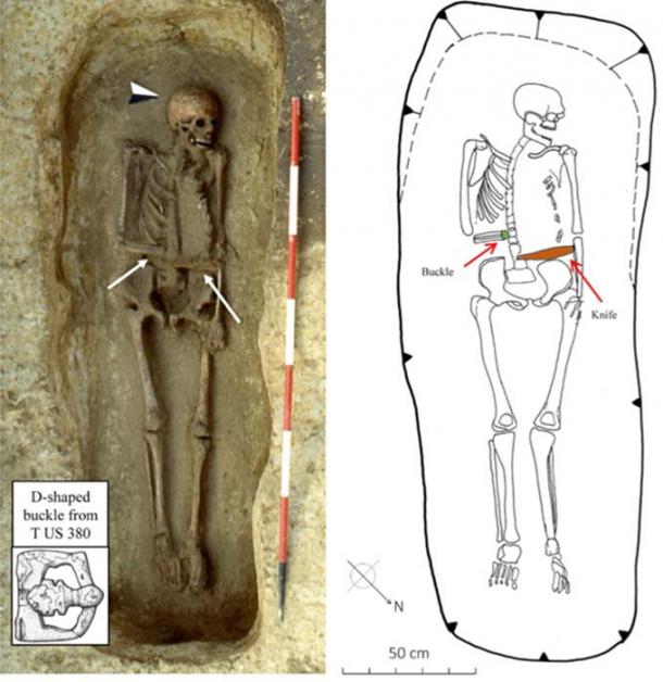 Warrior T US 380: The orientation of the right arm, the position of the buckle, and the location of the knife, suggest he wore a knife-hand prosthesis. Credit: Micarelli et al. 2018