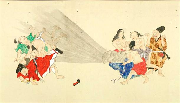 El pergamino de mano waseda he-gassen incluso describía la táctica de atrapar pedos en bolsas y liberarlos durante la batalla. (Dominio publico)
