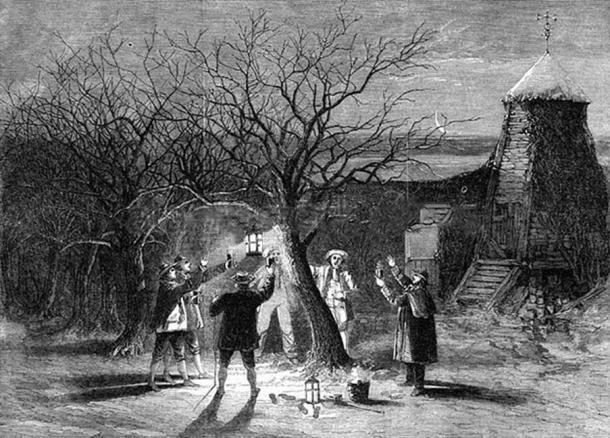 Wassailing at the orchard (Public Domain)