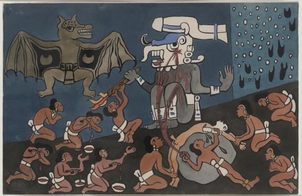 Watercolor painted by Diego Rivera in San Francisco, Calif. during the summer of 1931, originally commissioned to illustrate a never-published English translation of the Popol Vuh by John Weatherwax. Depicts the first humans making sacrifices to the god Tohil. underworld. (public domain)
