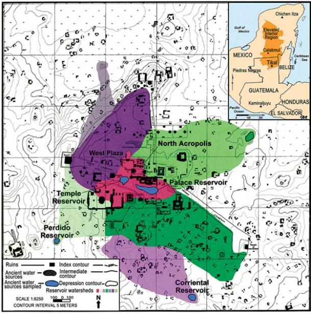 Watershed map of the site core of Tikal. The red area in the middle of the map represents the portion of the site core that drains into the Temple and Palace Reservoirs. (Lentz et al. 2020)