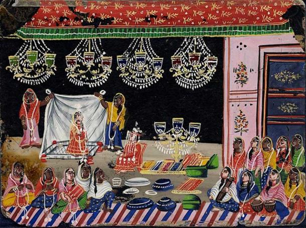 Wedding Procession- Bride Under a Canopy with Gifts. Circa 1800.