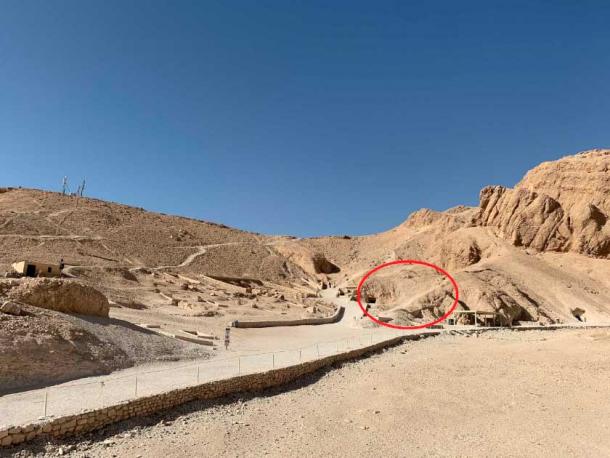 The Valley of the Queens, West Bank at Thebes, home of the famous tomb of Queen Nefertari, wife of Ramesses II. The author has identified three areas where an undiscovered tomb, perhaps Nefertiti’s, may lie - one of these is circled in red (target area #2). Could Nefertiti have been buried only a stone’s throw from Nefertari, another powerful female with whom she is often confused? (Author’s own photo.)