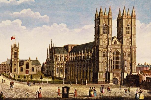 A painting of Westminster Abbey by Thomas H. Shepherd (1792-1864). 