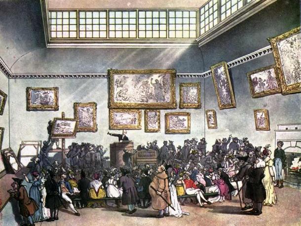 While the popularity of wife auctions began to wane in the late 1700s, the art auction market only grew as the new middle class bought fashionable items like paintings instead of wives. An engraving by Thomas Rowlandson (1756–1827) and others. (Thomas Rowlandson et al / Public domain)
