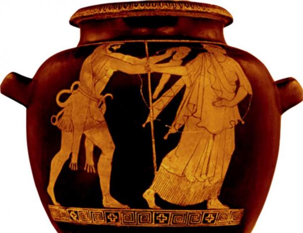 Wielding his club in a threatening manner, Nimrod/Herakles chases Noah/Nereus out of the way as if he were an outdated relic of the past who ought to be ignored. (Author provided)