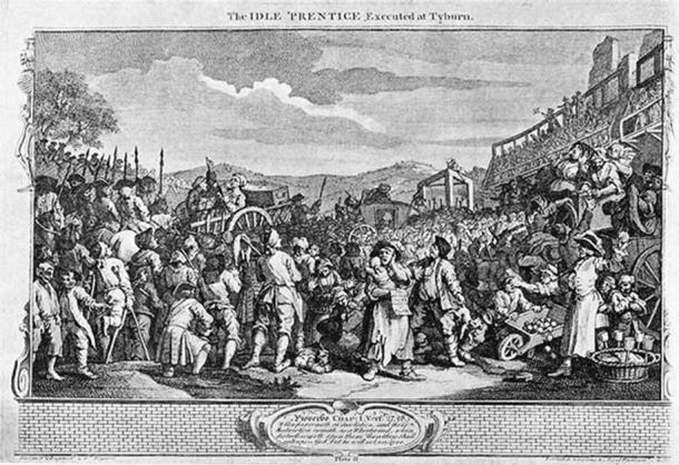 William Hogarth - Industry and Idleness, Plate 11; The Idle 'Prentice Executed at Tyburn (Public Domain)