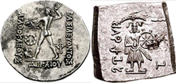 (Left) With Greek legends ΒΑΣΙΛΕΥΟΝΤΟΣ ΑΓΑΘΟΚΛΕΟΥΣ ΔΙΚΑΙΟΥ “Of the Reign of Agathocles the Just. (Right) Either Vishnu, Shiva, Vasudeva, Buddha, or Balarama. (Author provided)