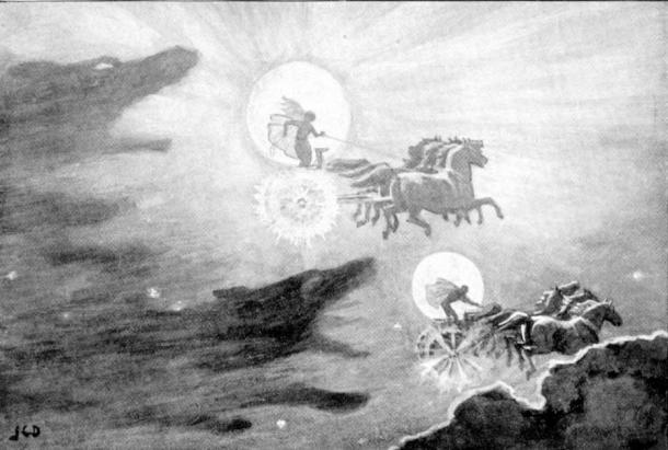 Wolves are said to chase Sol and Mani across the sky. Painting by John Charles Dollman, 1909 (Public Domain)