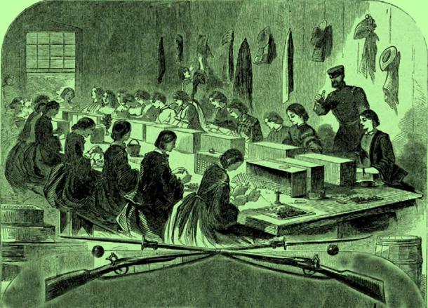 Mujeres que trabajan en el Arsenal de EE. UU., Watertown, Massachusetts, llenando cartuchos durante la Guerra Civil Estadounidense. De Harper's Weekly, julio de 1861. (Biblioteca del Congreso)