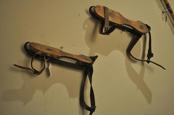 Wood and metal ice skates displayed at Edmonds Historical Museum, Edmonds, Washington, USA.