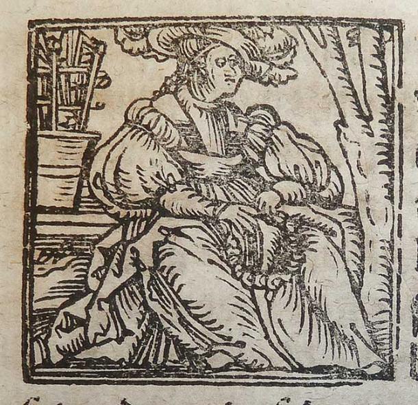 Woodcut illustration of the zodiac sign Virgo used by Alexander and Samuel Weissenhorn of Ingolstadt.