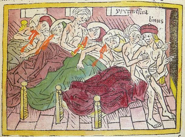 Woodcut of 49 of the Danaids killing their husbands, while one tells her partner to flee.
