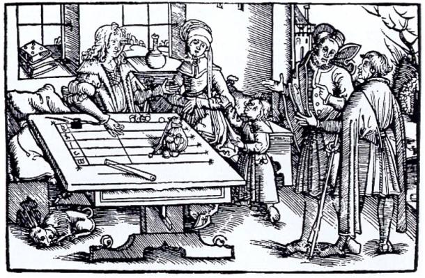 Woodcut of people at a calculation table (probably from Strasbourg), where jetons would have been used.