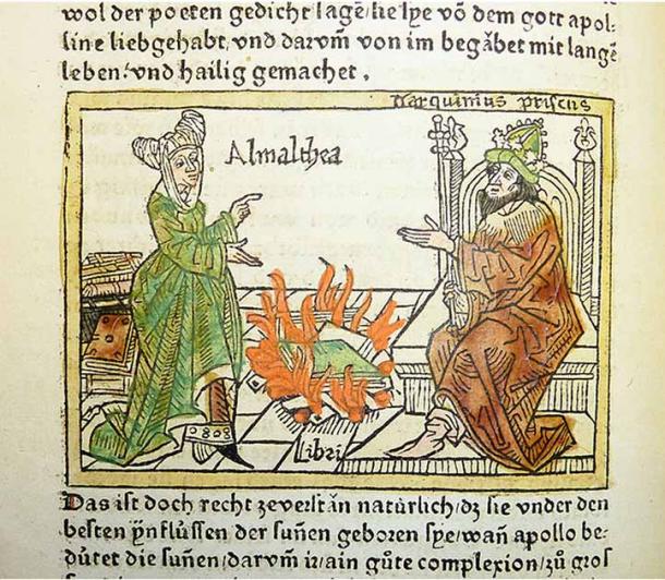 Woodcut illustration of Amalthea (the Cumaean Sibyl), Tarquinius Superbus and the Sibylline books. (kladcat/CC BY 2.0)