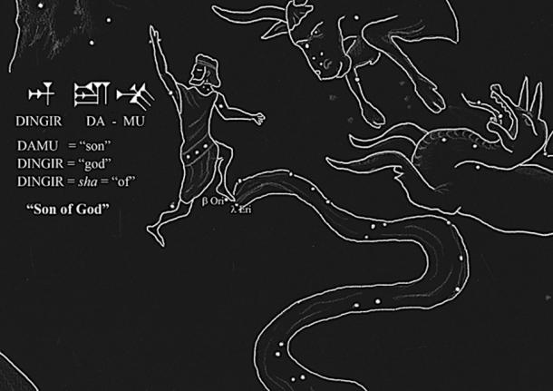 Wordplay embedded in Orion’s cuneiform title, DINGIR DAMU, also rendered “Son of God”.  (sketch: Ashley McCurdy)