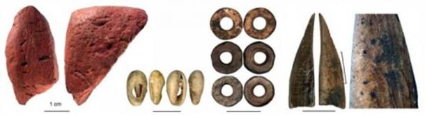 Worked red ochre; bead made of a sea shell; ostrich eggshell beads; bone tool; close-up of the bone tool showing traces of scraping. (from left to right). Credit: Francesco D'Errico and Africa Pitarch