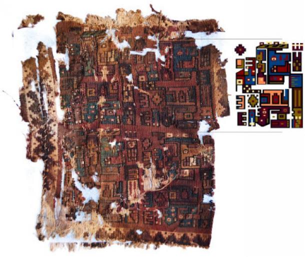 Woven textile fragment made using Moche techniques, but decorated with distinctive Wari imagery.