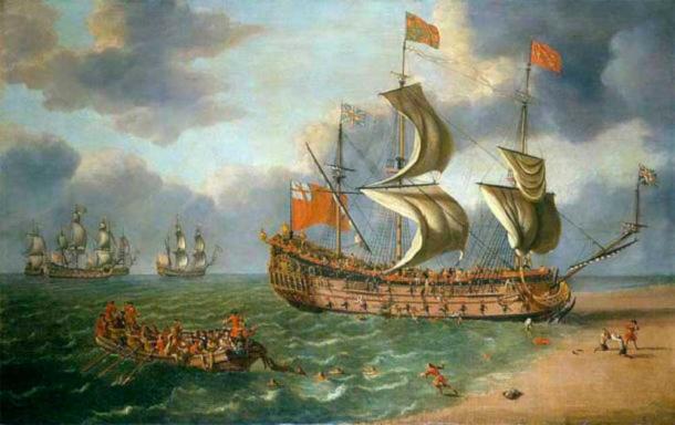The Wreck of the Gloucester off Yarmouth, by Johan Danckerts. The shipwreck of the HMS Gloucester took place on the 6th May 1682. (Public domain)
