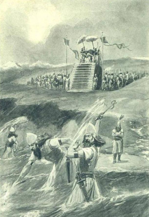 Xerxes attending the lashing and "chaining" of the Hellespont (Illustration from 1909). When a storm shattered the bridges over the Hellespont, Xerxes had the waters whipped 300 times and shackles dropped into them as a mark of enslavement. 