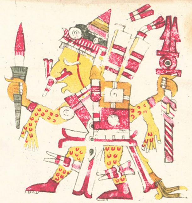 Xipe Totec as depicted in the Codex Borgia, shown holding a bloody weapon and wearing flayed human skin as a suit.