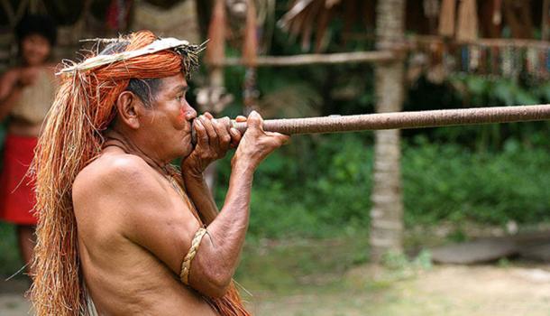 A Yagua (Yahua) tribeman demonstrating the use of blowgun (blow dart), at one of the Amazonian islands near Iquitos, Peru. (CC BY-SA 3.0)