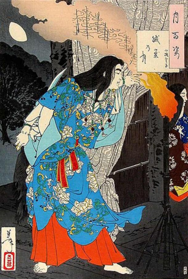 Yamato Takeru dressed as a maidservant, preparing to kill the Kumaso leaders. Woodblock print on paper