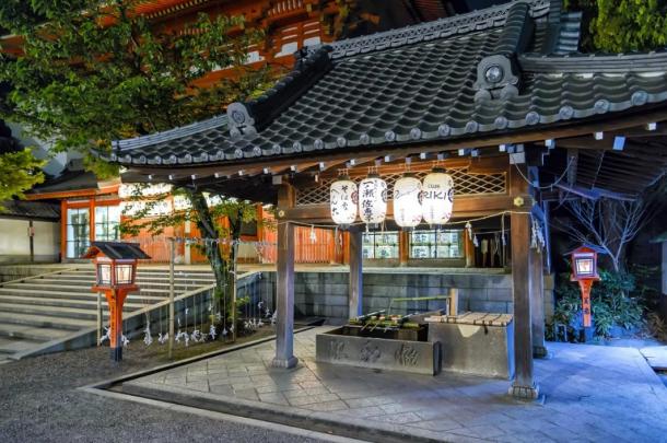 Yasaka Shrine Main Gate's Purification Fountain in Kyoto, Japan
