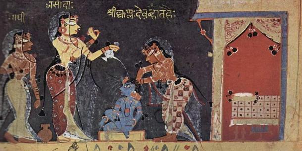 Yashoda bathing the child Krishna from the Bhagavata Purana Manuscript (1500)