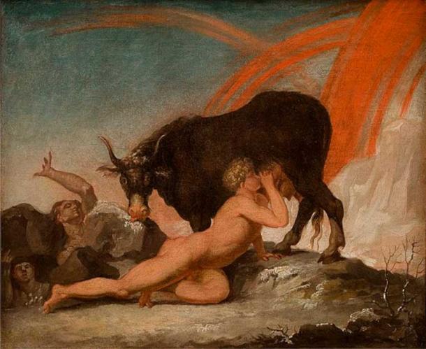 Ymir, the “father of Midgard” sucks at the udder of Auðumbla as she licks Búri out of the ice in a painting by Nicolai Abildgaard, 1790. (Nicolai Abildgaard / CC0)