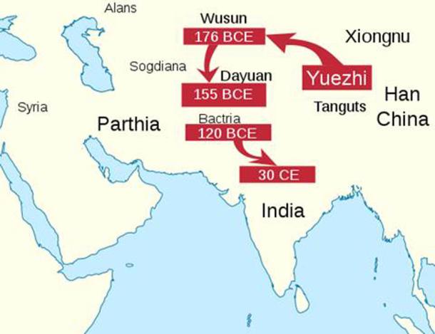 The path of the Yuezhi migrations (World Imaging / CC BY-SA 4.0)