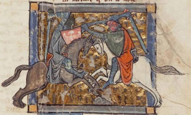 Yvain luchando contra Gawain para recuperar el amor de su dama Laudine.  Iluminación medieval del romance del siglo XII de Chrétien de Troyes, Yvain, le Chevalier au Lion (dominio público)