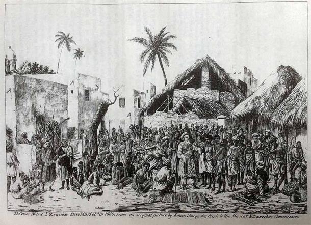 Mercado de esclavos de Zanzíbar por Edwin Stocqueler (1860) (dominio público)