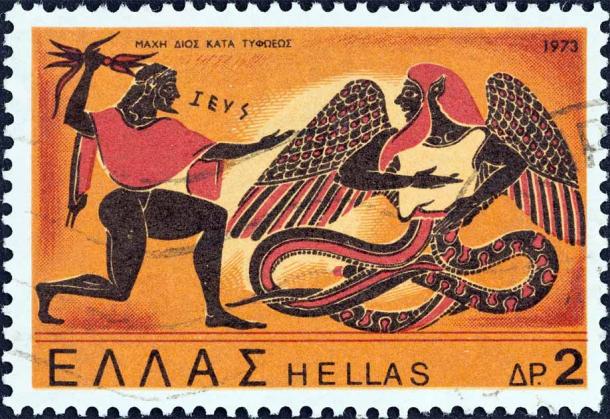 Zeus in combat with Typhon, partner of Echidna. Stamp created from image on 6th century BC pottery (Lefteris Papaulakis / Adobe Stock)