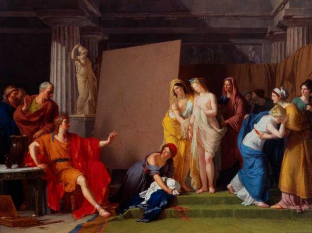 Zeuxis eligiendo sus modelos para la imagen de Helena entre las hijas de Crotona, cuadro de 1791. Zeuxis literalmente murió de risa frente a uno de sus lienzos. (Dominio publico)