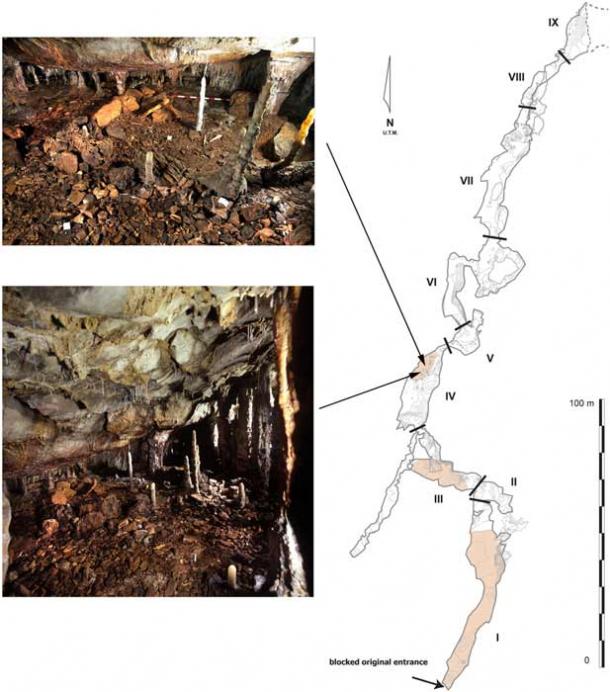 The above plan shows the lower gallery of the La Garma cave complex (right) and the interior of the cave (left). (Cueto, M. et. al / PLOS ONE)