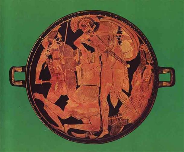 Achilles kills Penthesilea; tondo of an Attic red-figure kylix, 470–460 BC, found at Vulci (Public Domain)