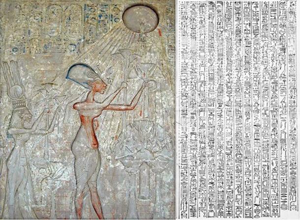 Left: Panel with adoration Scene of Aten (detail). Right: 1908 drawing of the Great Hymn to Aten.